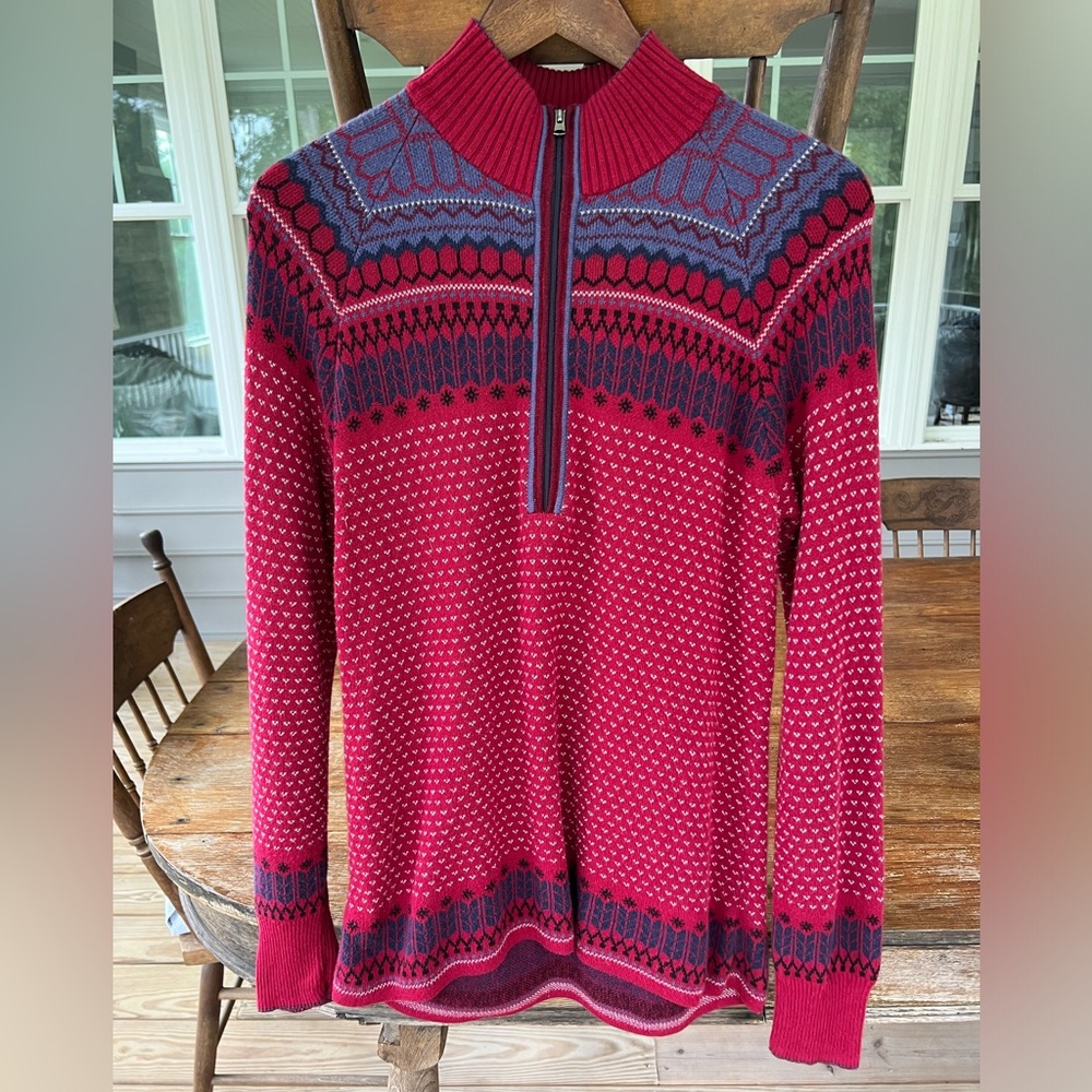 Eddie Bauer Fair Isle Nordic 1/4 Zip Sweater Mock Neck Burgundy Pullover Medium